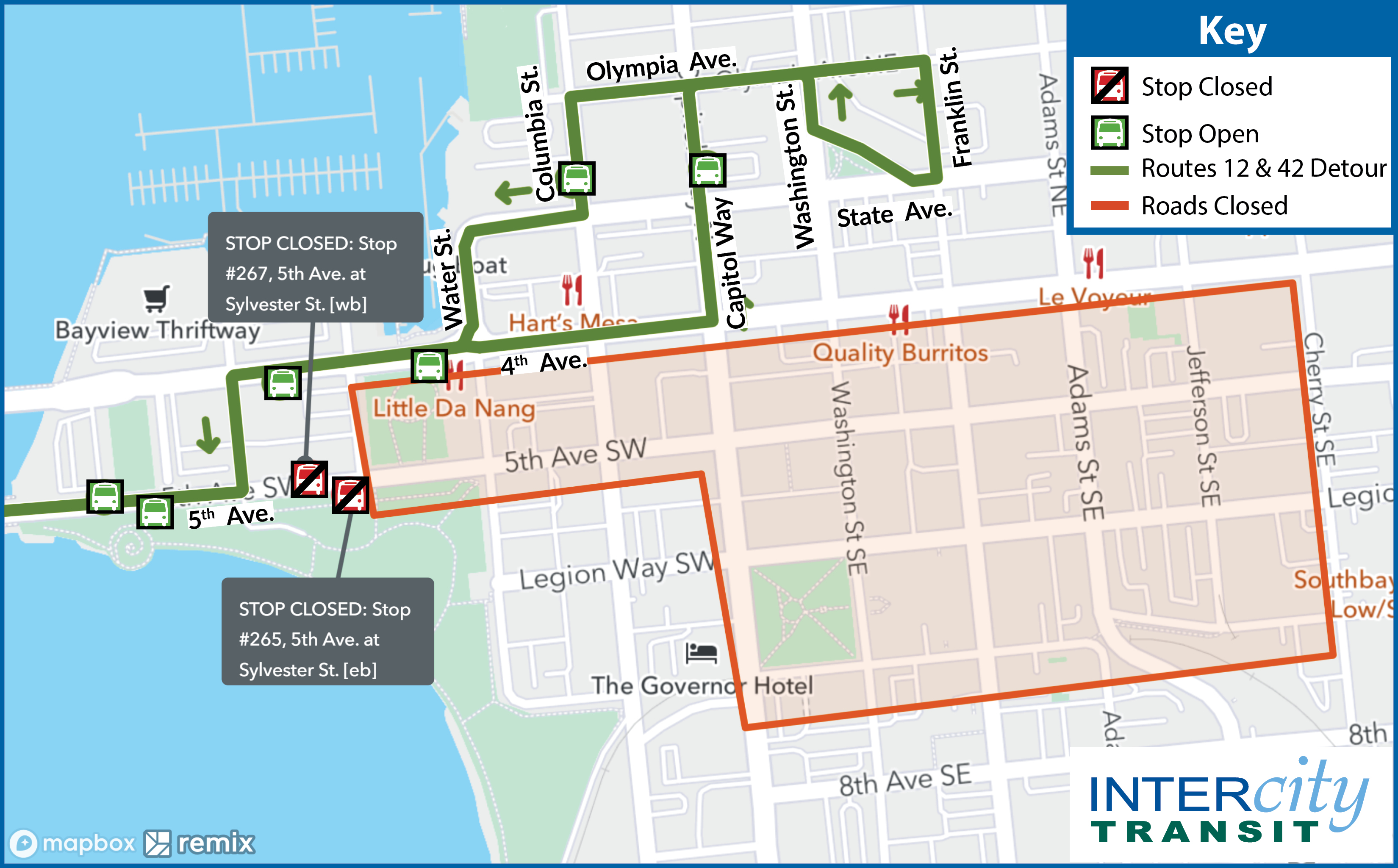 Routes 12 and 42 on detour in downtown Olympia Friday, April 26 and